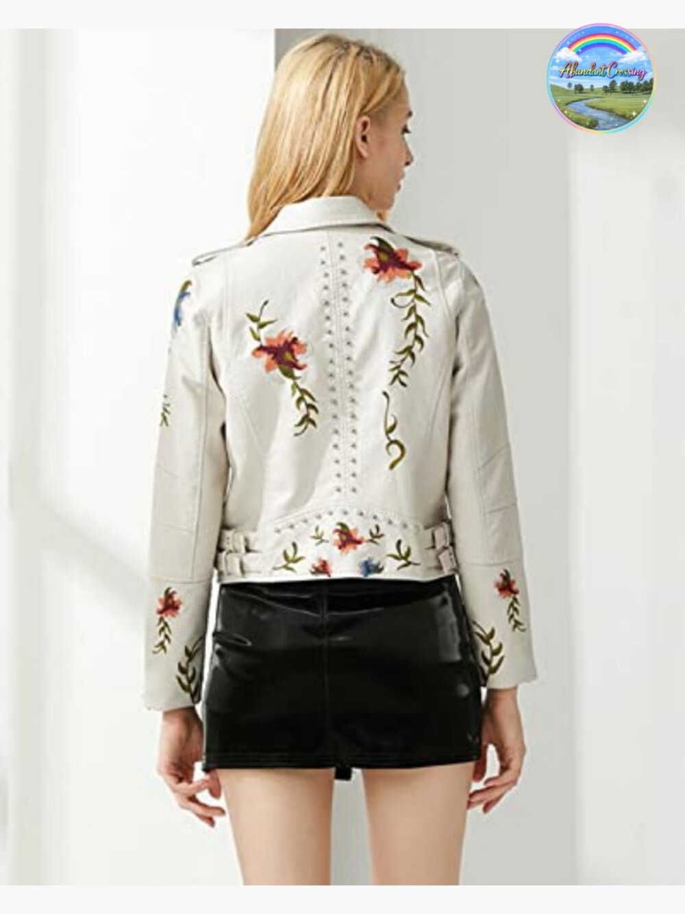 Embroidered Studded Faux Leather Moto Jacket Floral Punk Coat - Picture 4 of 6